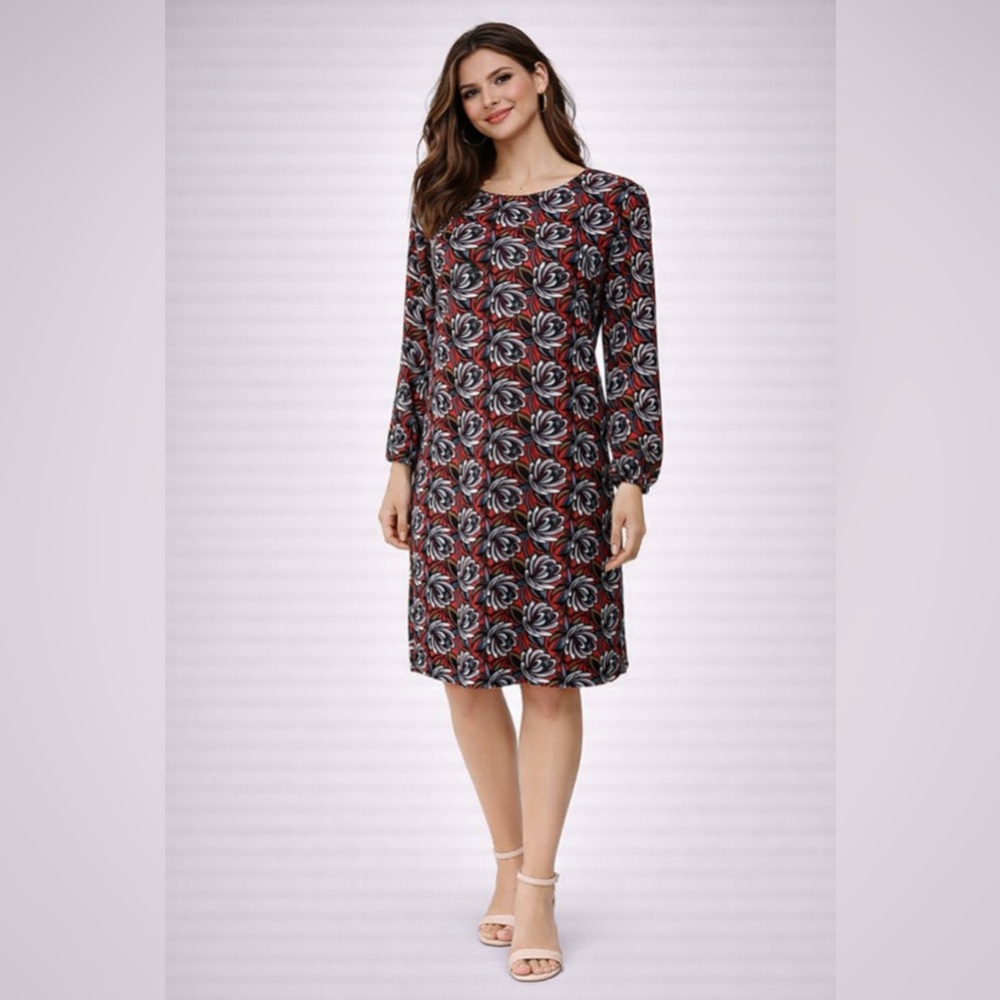 LOFT Dress PM Petite Medium Red Black Gray Floral Sleeve Relaxed Washable